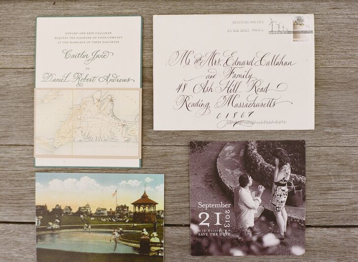 In keeping with the rustic, Martha's Vineyard theme of the wedding, the RSVP postcard was an old-fashioned photo of Ocean Park.