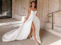 Spaghetti straps and A-line skirt with pockets and long train