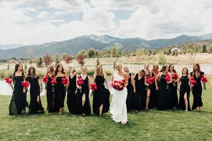 Bridesmaids in Floor-Length Black Dresses With Pink Bouquets