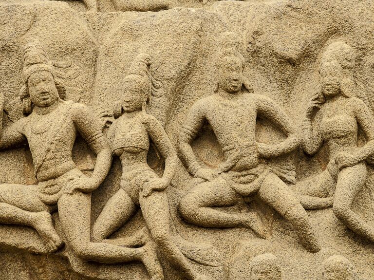 Arjuna's Penance, a scene from the Mahābhārata, appears in stone at Mahabalipuram, Tamil Nadu, India.