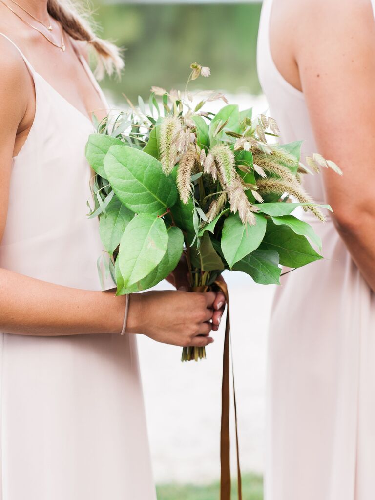 simple fall wedding bouquet with greenery and ornamental grasses