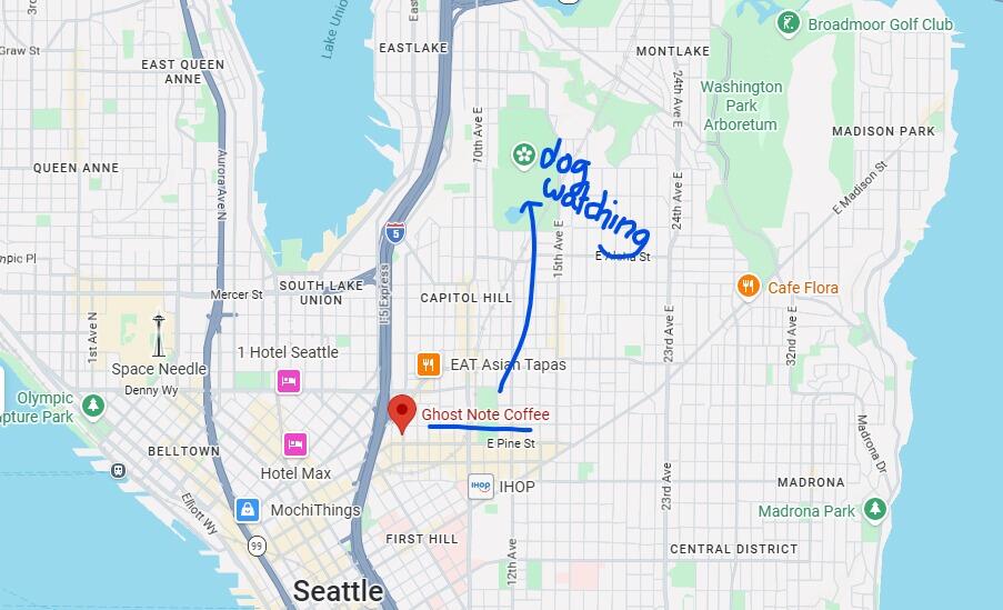 We met at Ghost Note Coffee in Seattle and spent hours at Volunteer Park watching dogs.

We both love dogs and can't resist pointing out every golden retriever that walks by.