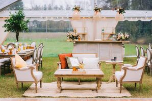 Rustic Lounge Area With Upholstered Furniture at Farm Wedding in Chadbourn, North Carolina