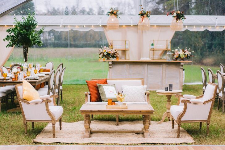 Rustic Lounge Area With Upholstered Furniture at Farm Wedding in Chadbourn, North Carolina