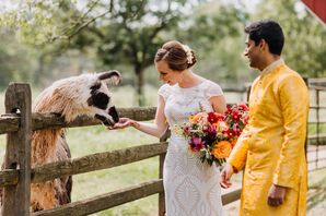 Bride, Groom and Llama at Woods Edge Llama Farm in Stockton, New Jersey