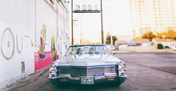 Livia and Mike cruised along the Las Vegas strip as the sun set. “Funnily enough, we were stopped often by tourists wanting to snap our photo!” says the bride. “Perhaps we nailed the classic vintage Vegas wedding look all too well?”