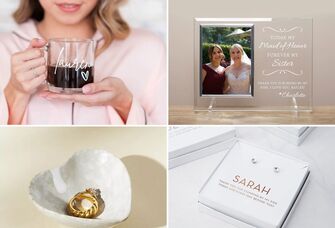 collage of four maid of honor gift ideas including candle, bracelet, rings and jewelry case