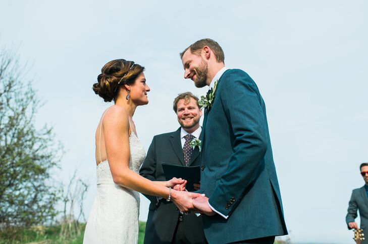 Though the couple had originally hoped for an outdoor wedding, the weather in Maine can often be unpredictable in the month of May. “The Portland Co. is bright, open and airy, which to me was the next best thing to being outdoors,” says Lauren. The pair decided to take a chance and host the ceremony at Fish Point, only 10 minutes away from the reception venue along Portland’s Eastern Promenade. The site afforded guests stunning views of Casco Bay’s shimmering waters and quaint islands.