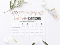 Bachelorette scattergories with categories spelling out Bride