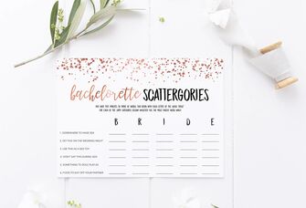 Bachelorette scattergories with categories spelling out Bride