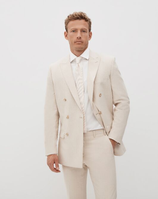 Suit Shop Men's Tan Double Breasted Suit Tuxedo - 3