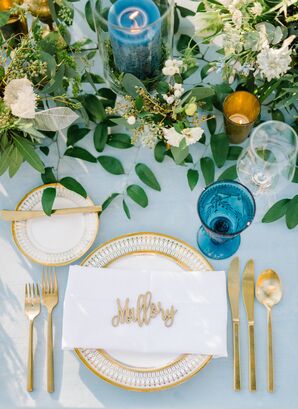 Gold Flatware and Blue Vintage Water Glasses