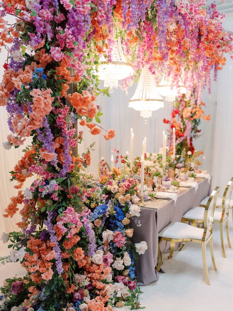Bright and colorful flowers at Bridgerton-themed tea party bridal shower