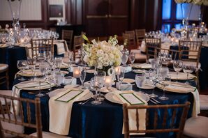 Navy Tables and White Floral Centerpieces