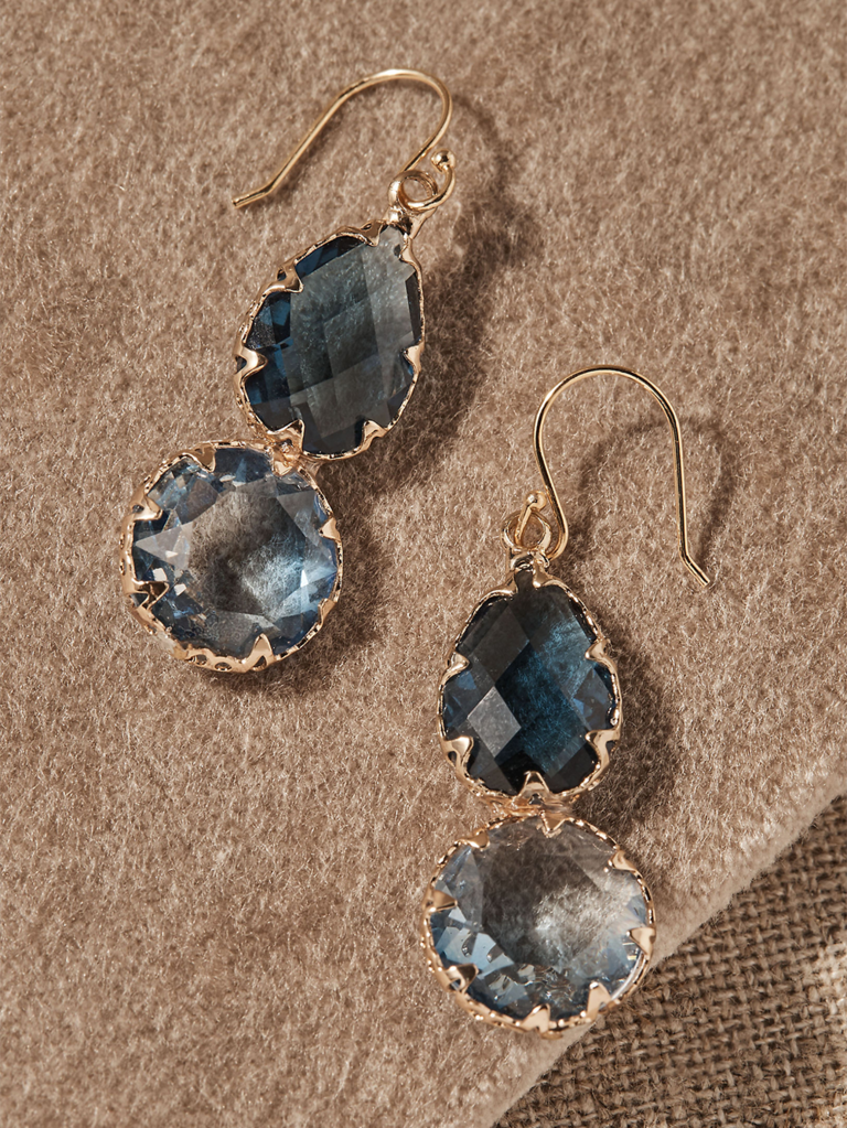 Tear drop and round dangling blue glass stone earrings