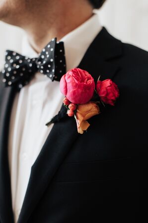 Pink Rose Boutonniere and Black-and-White Polka Dot Bowtie