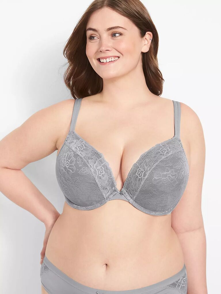 Lace plunge bra in a soft metallic gray color from Lane Bryant