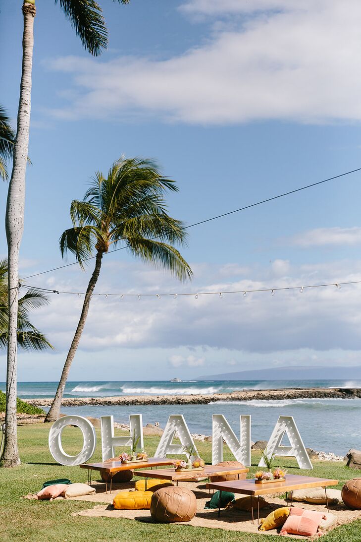Beachside Hawaiian Wedding Reception With Lounge, Ohana Marquee Sign