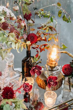 Vintage Crystal Décor and Oil Lamps with Fall Blooms and Leaves