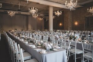 Reception with Neutrals and Hanging Chandeliers