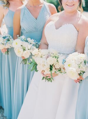Blue Bridesmaids Dresses and White Bouquets
