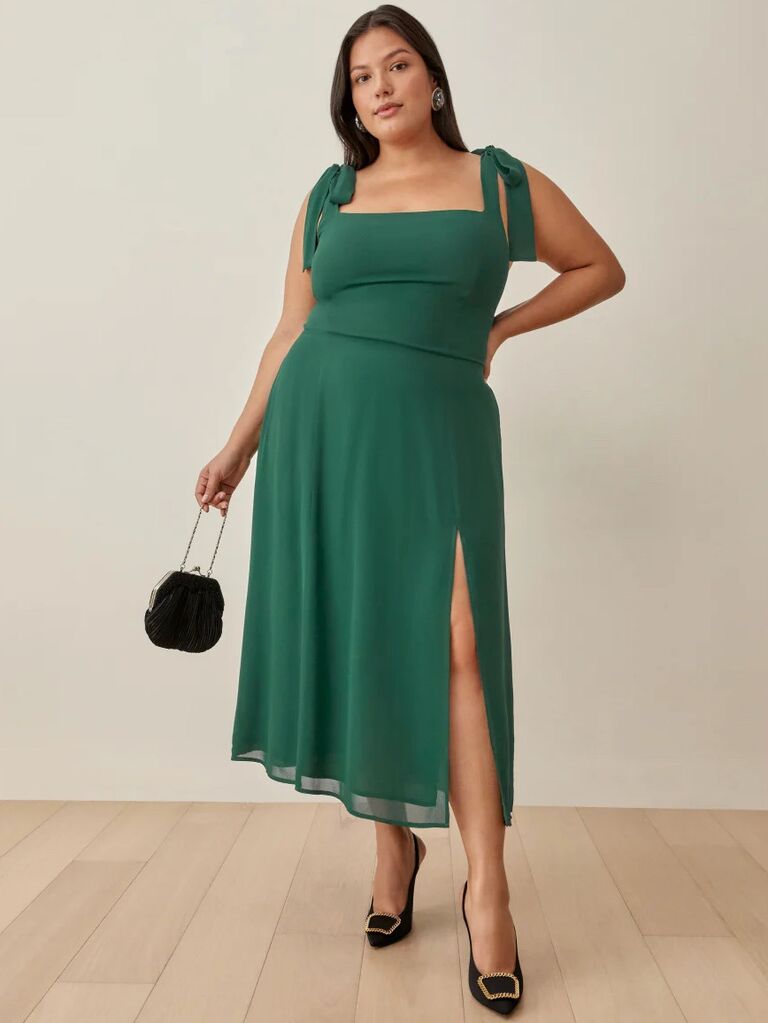 plus size green midi dress with tie shoulders and slit