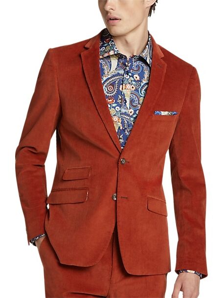Amber suit with a paisley shirt underneath from Men's Wearhouse. 