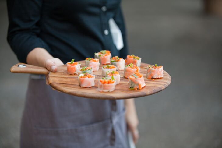 Culinary Eye caterers in San Francisco, California, matched the event's bright palette with vivid appetizers during cocktail hour.