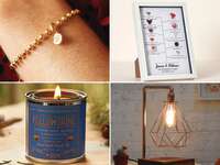 Four 10th anniversary gifts: gold flower bracelet, anniversary material art, lamp, candle