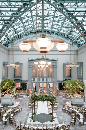 Elegant Wedding Arch and Ceremony Seating at the Harold Washington Library in Chicago, Illinois
