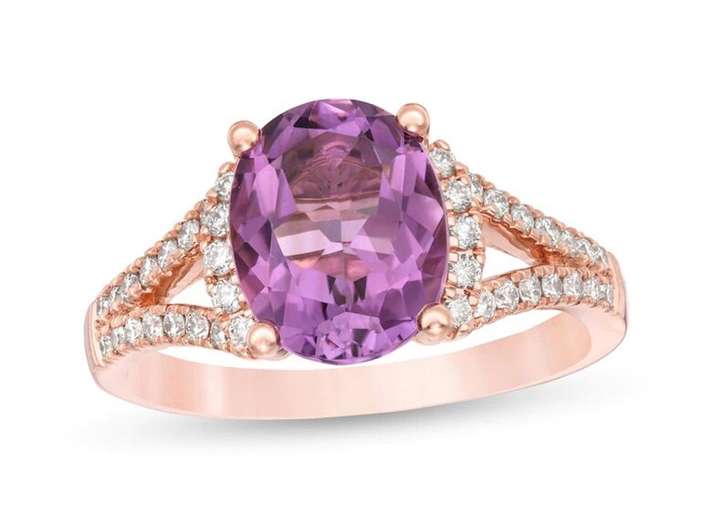 zales amethyst engagement ring with oval amethyst claw prongs round diamond halo round diamond rose gold split shank with plain rose gold band