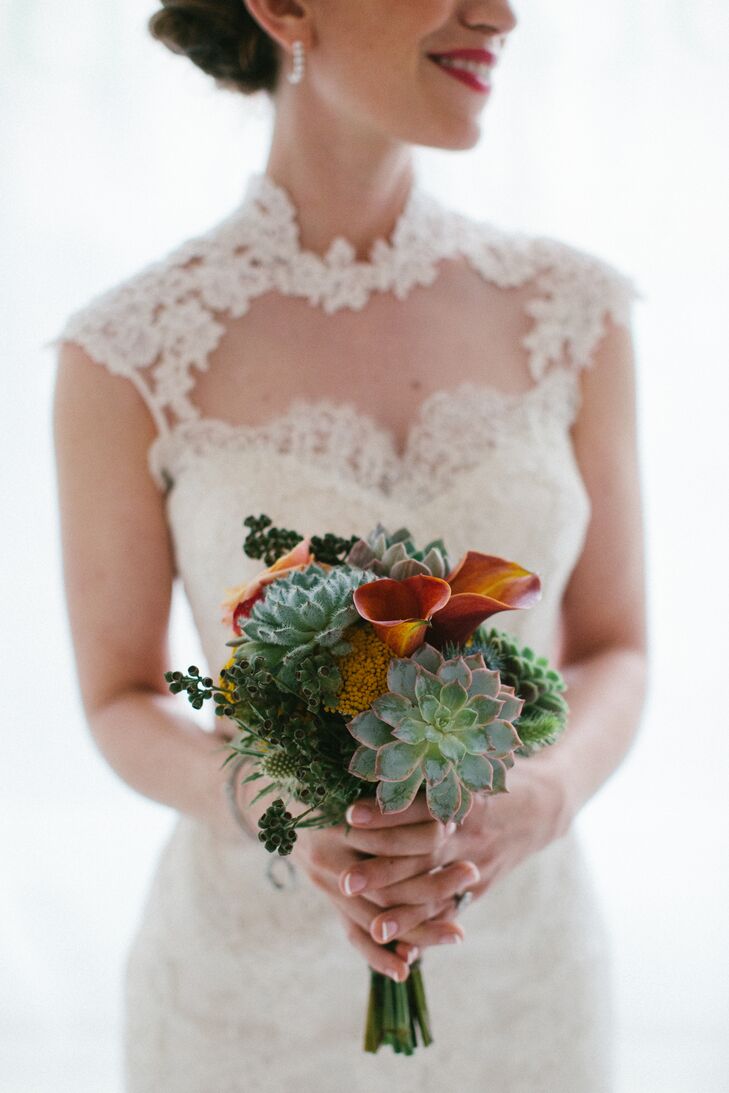 Because of her love of succulents, Debra held a green succulent bouquet with calla lilies added in.