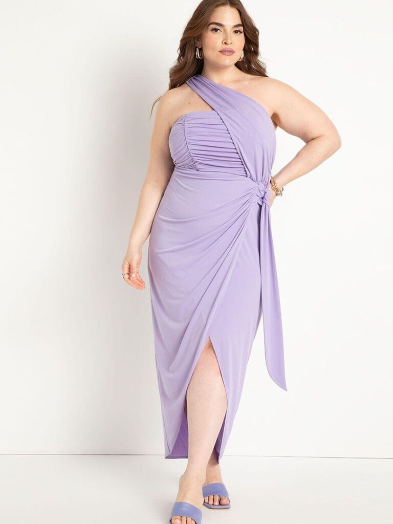 Lavender plus size wrap wedding guest dress from ELOQUII