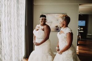 Same-Sex Couple in Lace Gowns and Headbands