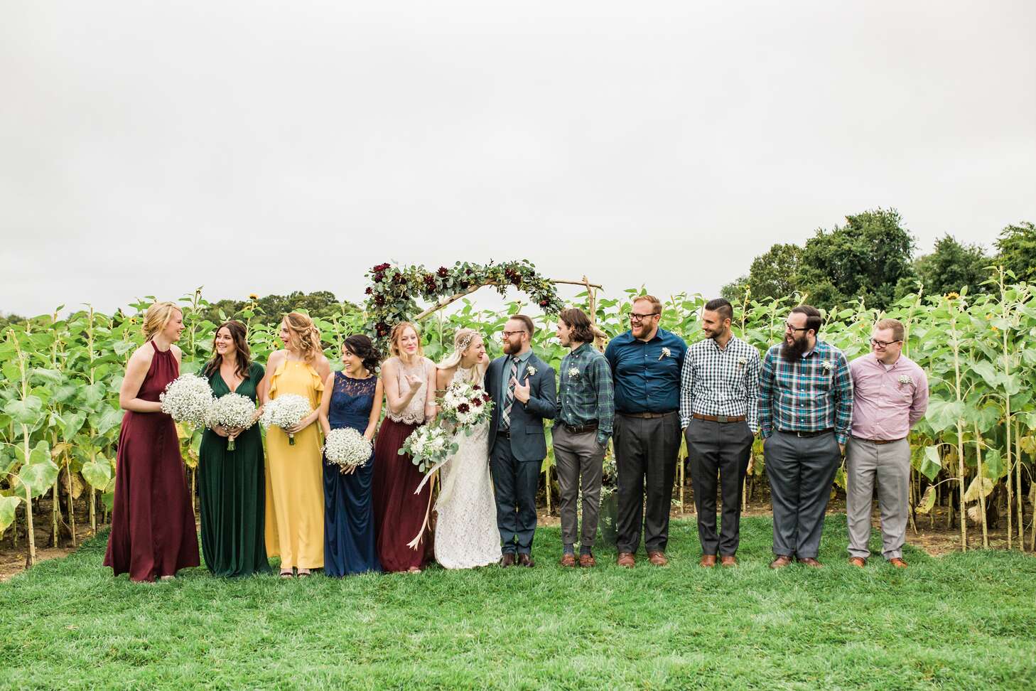 Mismatched Bridesmaid Dresses and Groomsmen Attire