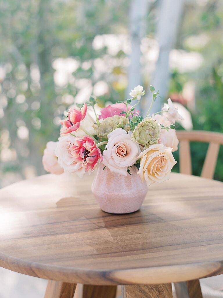 A delicate pastel-colored floral arrangement.