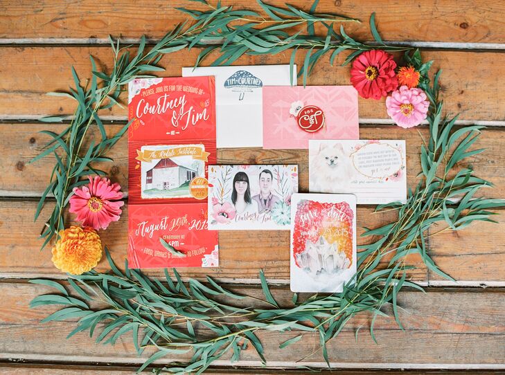 Custom Coral Invitation Suite with Dog Illustration