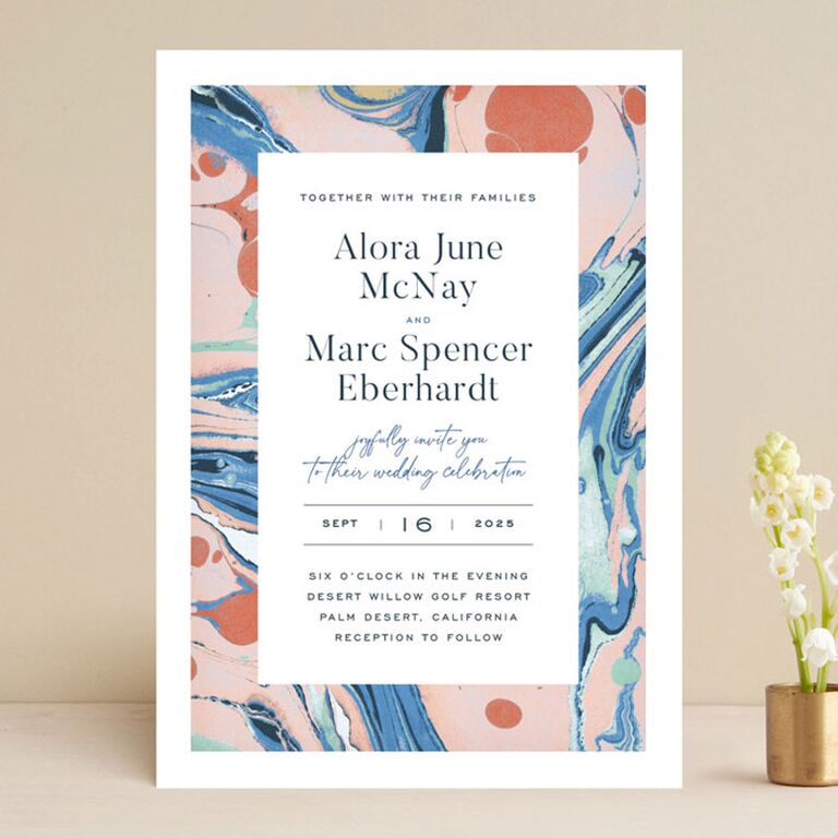Affordable abstract marble effect wedding invitation design