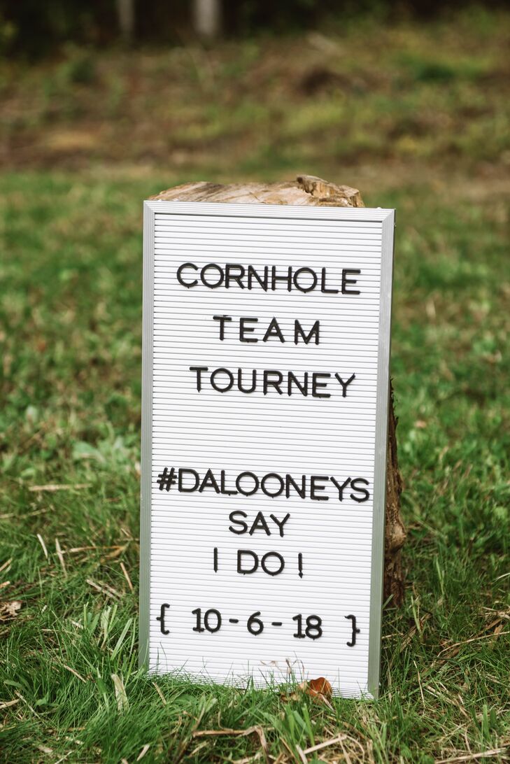 Casual Cornhole Sign with Wedding Hashtag