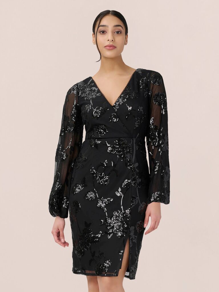 A black knee-length dress with a floral beaded motif from Adrianna Papell