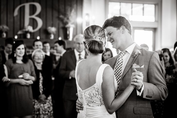 Amanda wore her hair in a low updo for her spring wedding. She loved it being out of the way, and how it showed off the lace back of her sheath wedding dress. She completed her look with a strand of white pearls wrapping around one side to add a little glamorous flair to her look.