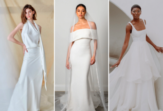 Collage of brides wearing sustainable wedding dresses. 