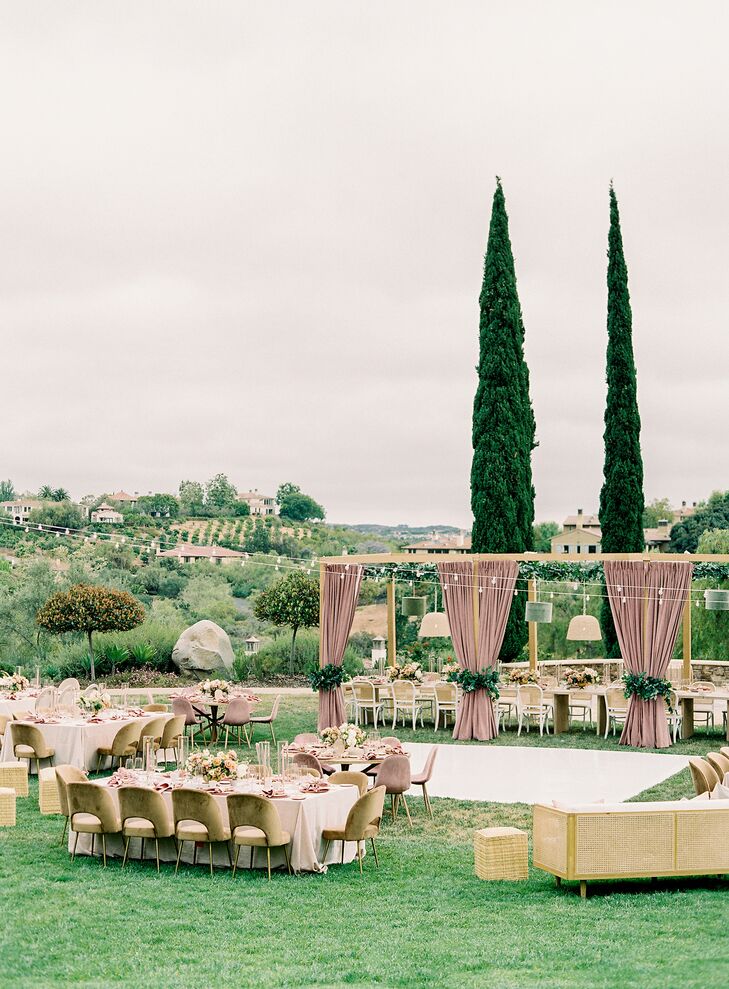 Outdoor Reception, Cabana Structure, Drapery and Pastel Colors, Views of Hills