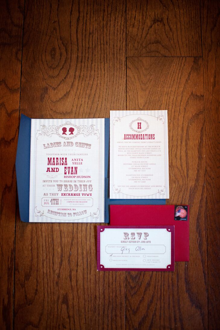 These navy, dark red and ivory vintage-style invitations couldn't have been more fitting for Marisa and Evan's Fourth of July old country wedding theme.
