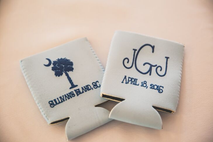As favors, Jenna and Joshua gave their guests blue drink koozies that was personalized with their monogram and wedding date as well as the location of their wedding and South Carolina's emblem.