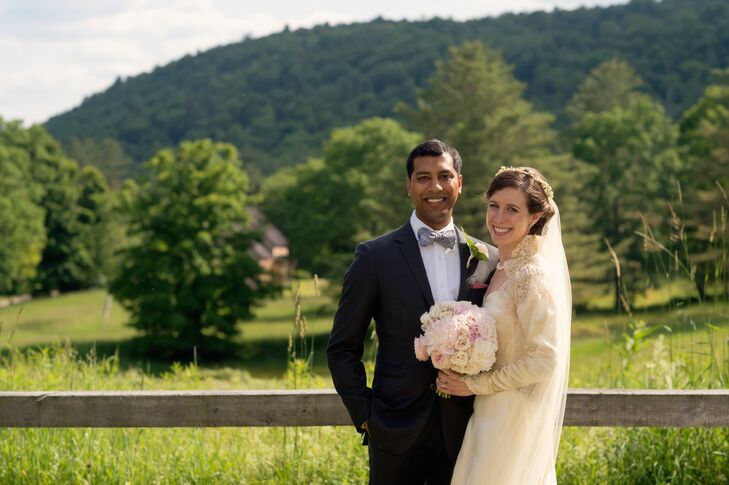Nellie always knew she would wear her grandma’s 1930s wedding dress—seven women in her family wore it before her, including her mother.  The vintage wedding dress has a sweet-heart neckline and a lacey Elizabethan collar.  "The silk has aged, and now has a gold tint to it," notes Nellie.