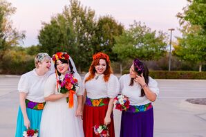 Bridesmaids with Colorful Skirts and Flower Crowns