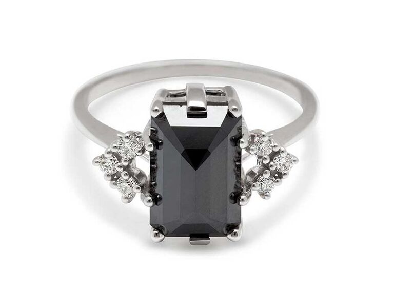 Emerald-cut black diamond engagement ring