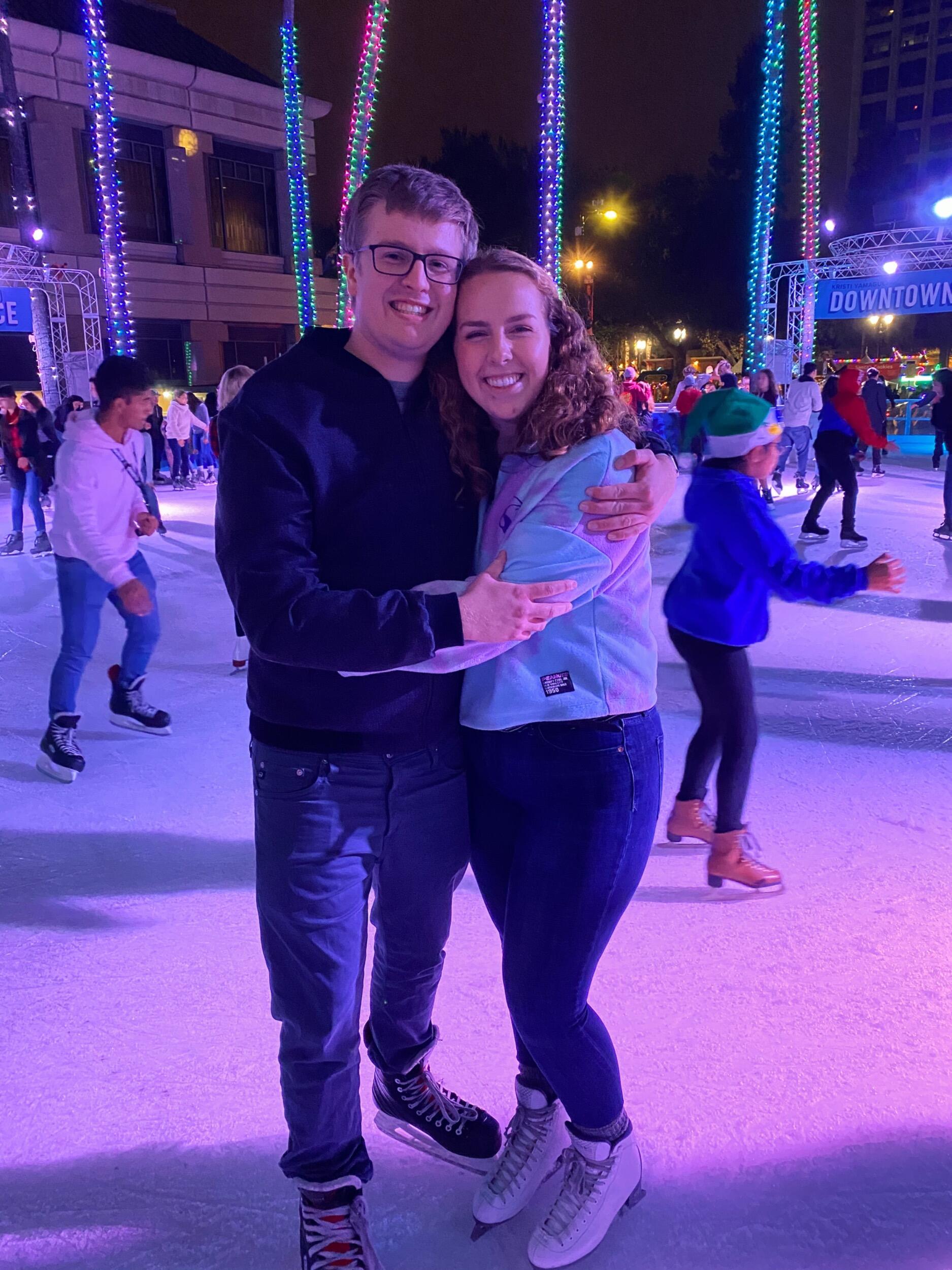 They go ice skating in San Jose on one of their first dates.