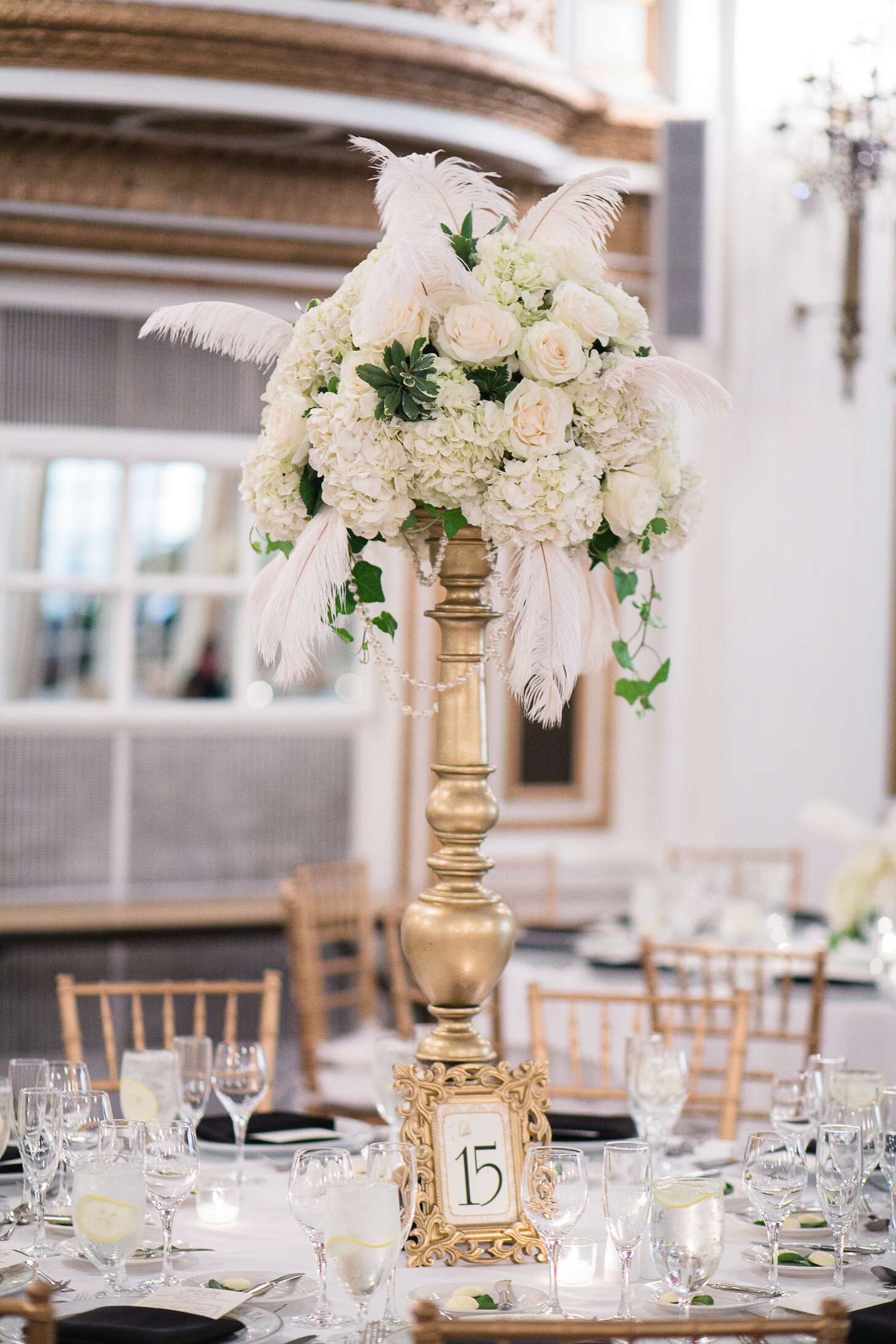 Tall White Rose and Feather Centerpieces